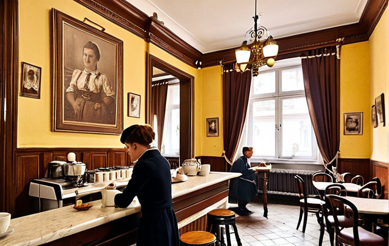 **
A bustling Austro-Hungarian era coffee house in Lviv, Ukraine. Ornate moldings and antique furnishings fill the warm, inviting interior. Baristas meticulously prepare coffee, the air thick with the aroma of freshly roasted Arabica beans. Patrons, a mix of locals and tourists, are engaged in conversation, enjoying traditional Ukrainian pastries. Soft lighting and vintage photographs adorn the walls. Focus on capturing a sense of history, warmth, and community.
**