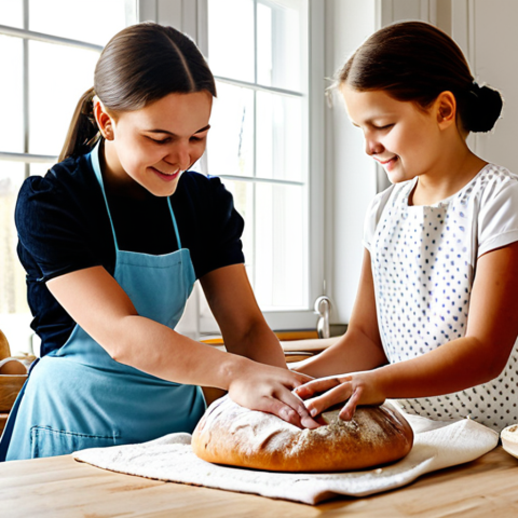 Paska Bread Baking Scene**
"A warm, inviting kitchen scene featuring a family baking Paska bread for Easter, fully clothed, appropriate attire, safe for work. Focus on the detailed textures of the dough, embroidered towels, and traditional Ukrainian decorations. The mother and grandmother are teaching a young girl how to knead the dough. Background includes a glimpse of a sunny spring day through the window. Perfect anatomy, correct proportions, natural pose, well-formed hands, proper finger count, natural body proportions, professional photography, high quality, modest, family-friendly."
**