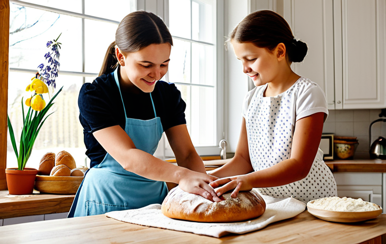 Paska Bread Baking Scene**

"A warm, inviting kitchen scene featuring a family baking Paska bread for Easter, fully clothed, appropriate attire, safe for work. Focus on the detailed textures of the dough, embroidered towels, and traditional Ukrainian decorations. The mother and grandmother are teaching a young girl how to knead the dough. Background includes a glimpse of a sunny spring day through the window. Perfect anatomy, correct proportions, natural pose, well-formed hands, proper finger count, natural body proportions, professional photography, high quality, modest, family-friendly."

**