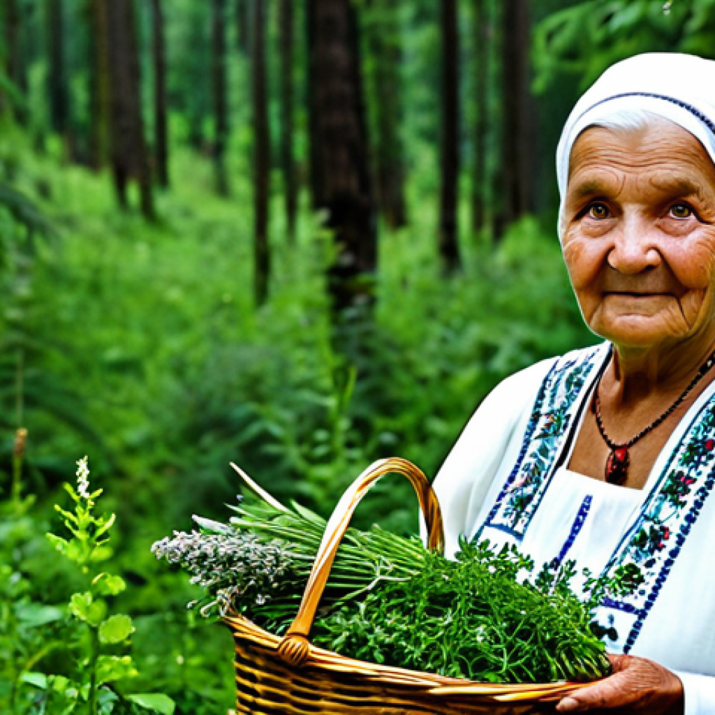 우크라이나 전통 약초 치료법 - Carpathian Herbalist**

Prompt: An elderly woman with kind eyes, wearing a traditional Ukrainian emb...