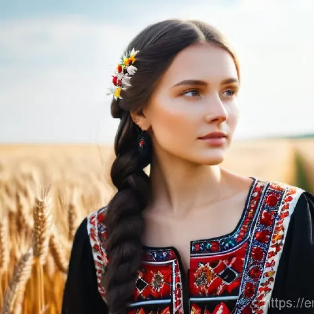 우크라이나 전통 공예품 - **The Embroidered Legacy of Vyshyvanka:** A serene image of a young Ukrainian woman, aged in her ear...