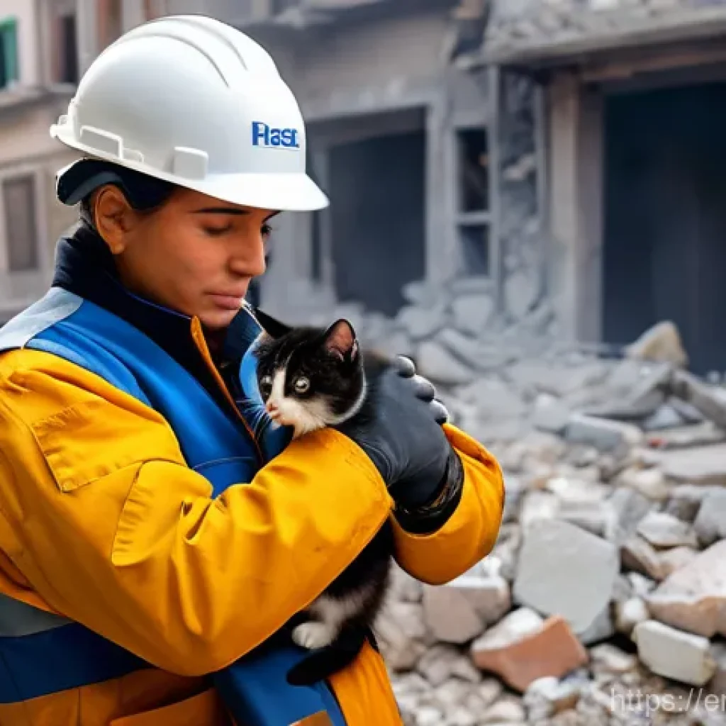 우크라이나 동물 보호 활동 - **"Hope in Rubble: The Rescuer's Embrace"**
A compassionate animal rescuer, an adult male or fem...