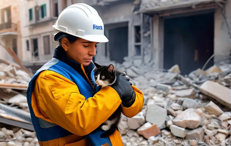 우크라이나 동물 보호 활동 - **"Hope in Rubble: The Rescuer's Embrace"**
    A compassionate animal rescuer, an adult male or fem...