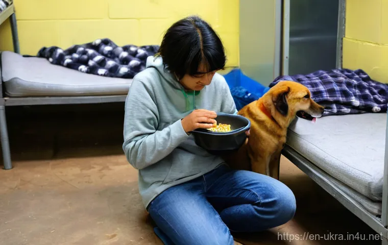 우크라이나 동물 보호 활동 - **"Hope in Rubble: The Rescuer's Embrace"**
    A compassionate animal rescuer, an adult male or fem...