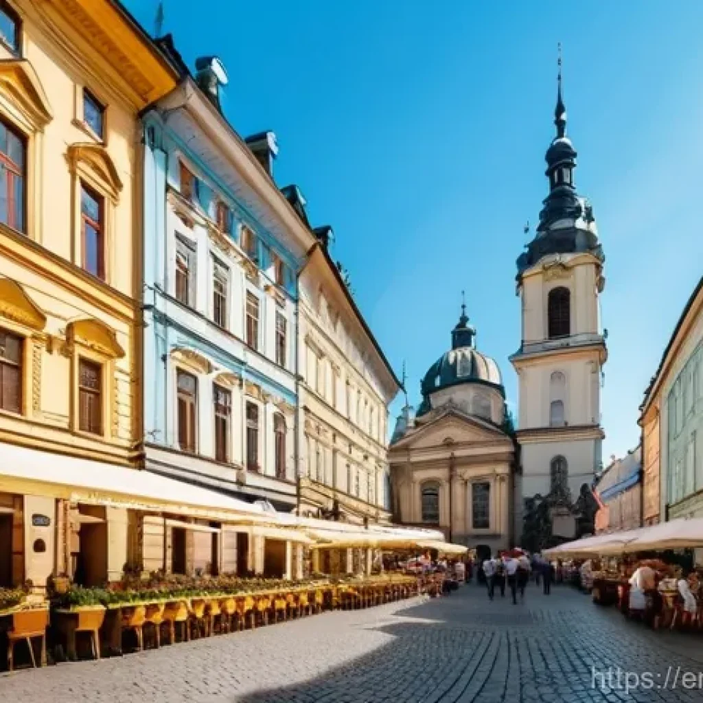 리비우 관광 명소 - **Prompt: "A vibrant, eye-level shot of Rynok Square in Lviv, Ukraine, bustling with activity on a s...