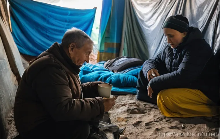 우크라이나 여행시 피해야 할 장소 - Prompt 1: Resilience in a Makeshift Shelter**