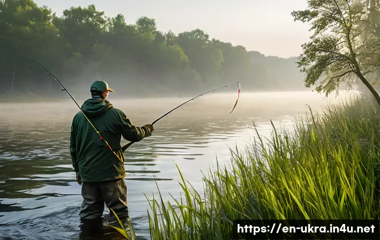 우크라이나에서 낚시 즐기는 방법 - **Prompt 1: Majestic Dnieper River Pike Fishing at Dawn**
"A male angler, in his late 30s, stand...
