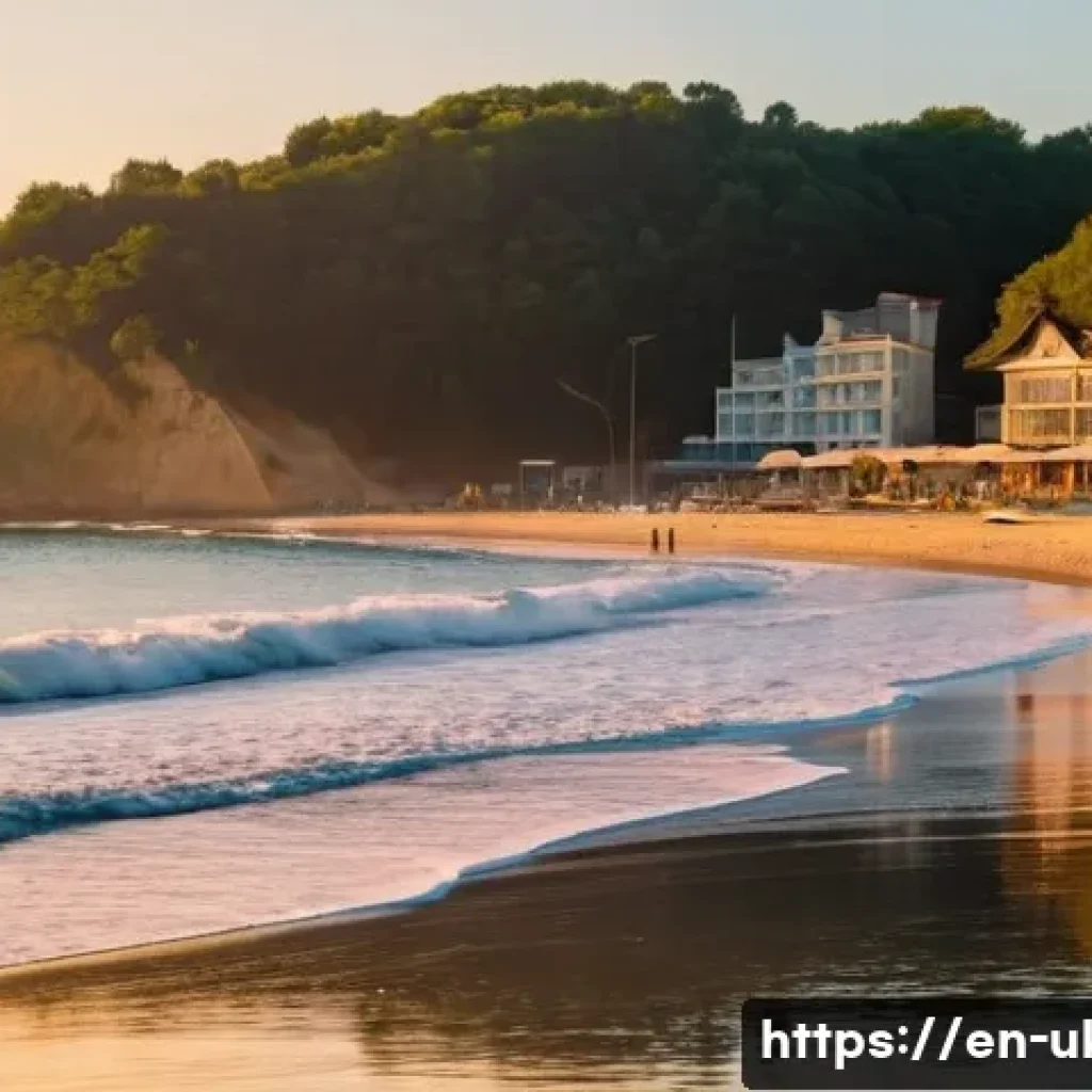 우크라이나에서 서핑 가능한 지역 - A serene Black Sea beach scene at sunrise near Odesa&rsquo;s Arcadia Beach, featuring a small group of beg...