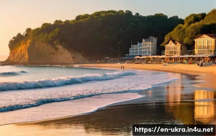 우크라이나에서 서핑 가능한 지역 - A serene Black Sea beach scene at sunrise near Odesa&rsquo;s Arcadia Beach, featuring a small group of beg...