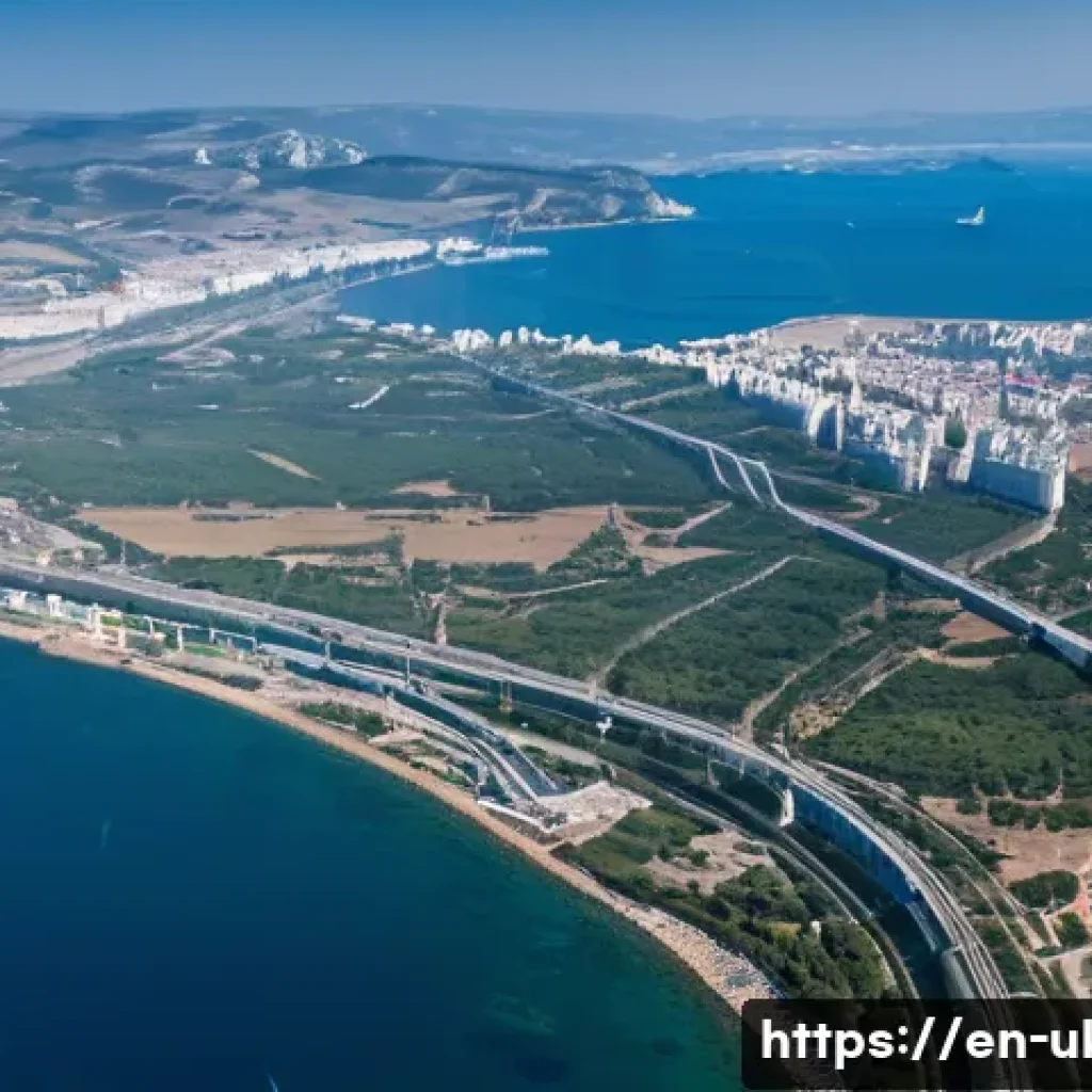우크라이나 크림반도 분쟁 - A detailed aerial view of Crimea&rsquo;s coastline featuring the Crimean Bridge connecting the peninsula t...