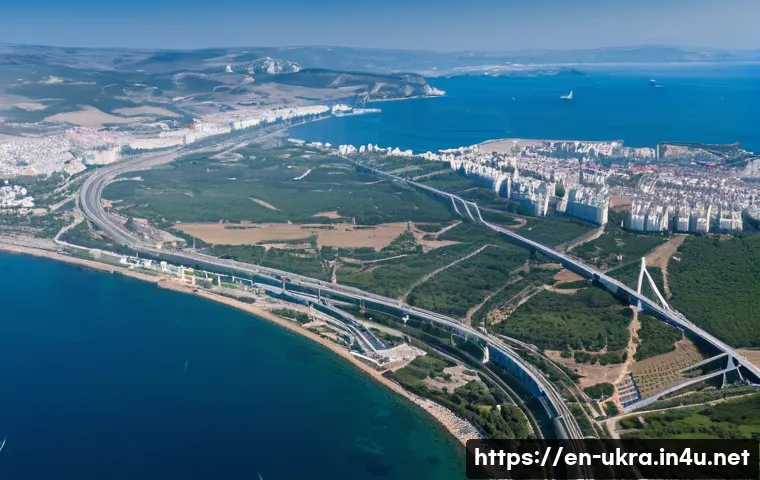 우크라이나 크림반도 분쟁 - A detailed aerial view of Crimea’s coastline featuring the Crimean Bridge connecting the peninsula t...