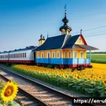 우크라이나 기차 여행 - A scenic Ukrainian train journey passing through vibrant sunflower fields and golden wheat landscape...