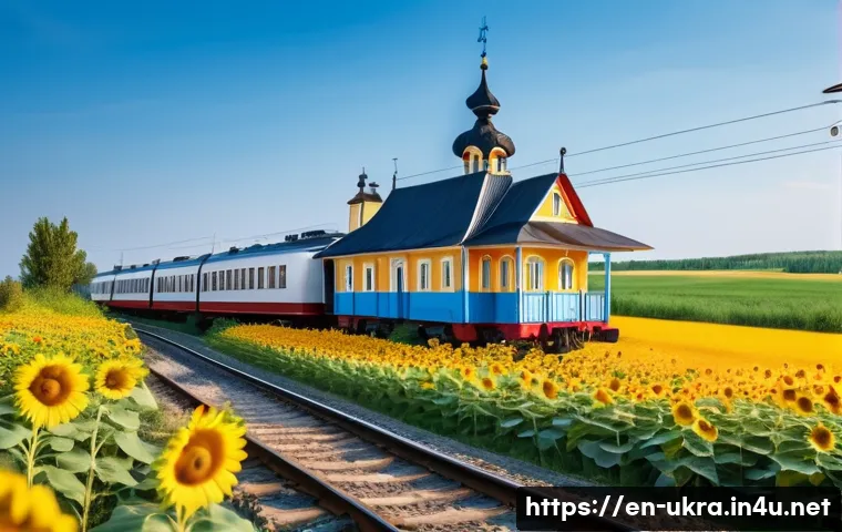 우크라이나 기차 여행 - A scenic Ukrainian train journey passing through vibrant sunflower fields and golden wheat landscape...