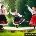 우크라이나 전통 춤 - A vibrant Ukrainian folk dance scene featuring a group of male and female dancers in traditional emb...
