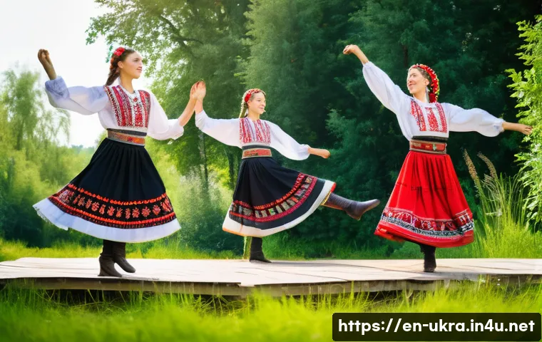 우크라이나 전통 춤 - A vibrant Ukrainian folk dance scene featuring a group of male and female dancers in traditional emb...