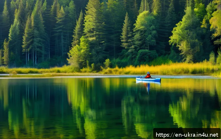 우크라이나에서 가장 아름다운 호수 - A serene, crystal-clear lake nestled deep within a vast Ukrainian forest reserve during late summer,...