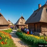우크라이나 민속 박물관 추천 - A detailed scene of a traditional Ukrainian open-air folk museum village in spring, featuring authen...