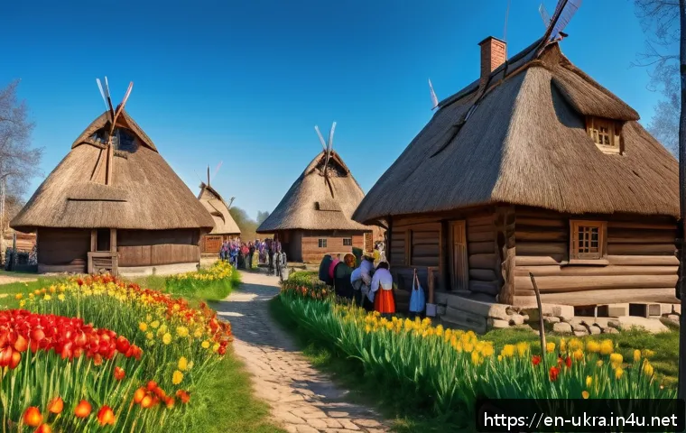 우크라이나 민속 박물관 추천 - A detailed scene of a traditional Ukrainian open-air folk museum village in spring, featuring authen...