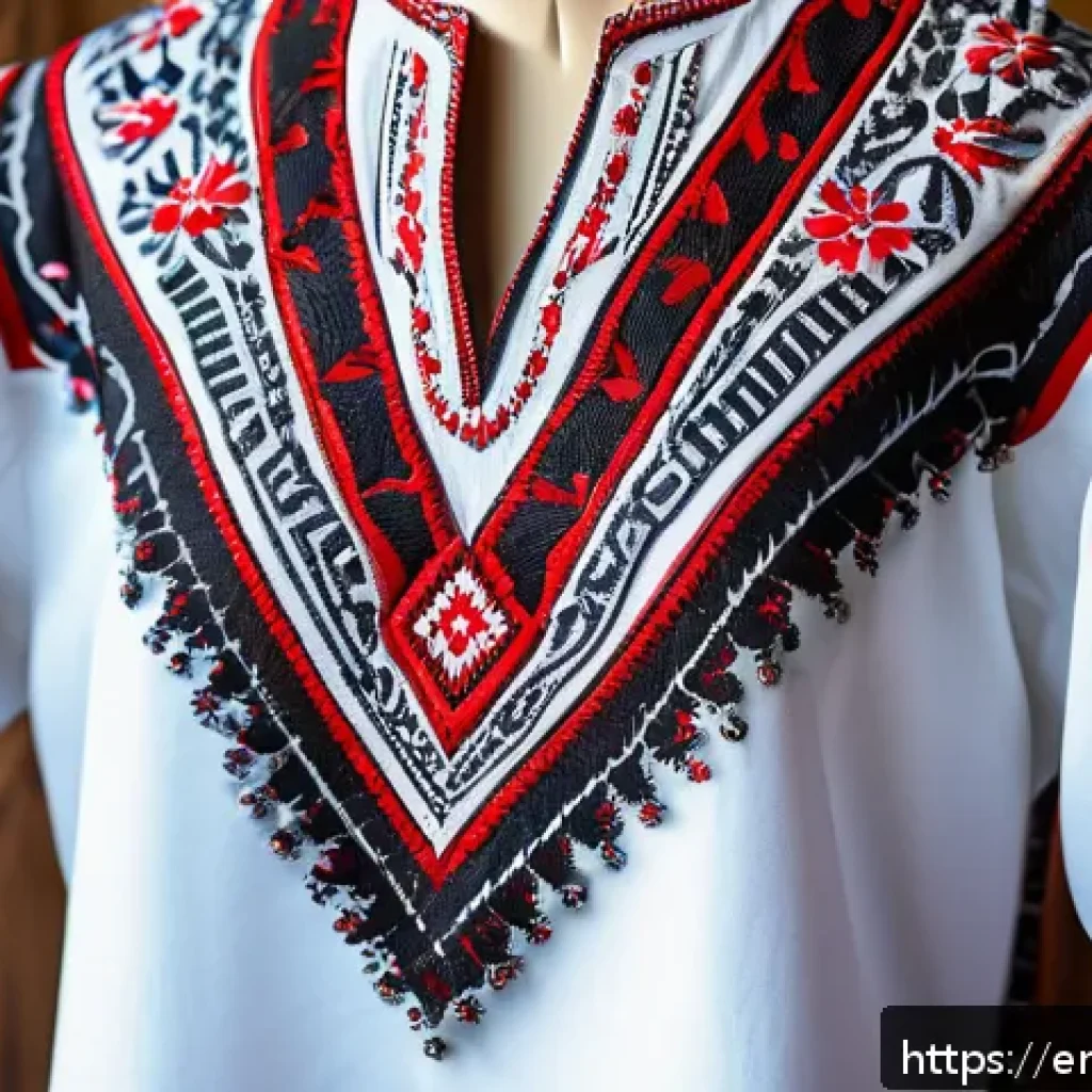 우크라이나 기념품 추천 - A close-up of a traditional Ukrainian vyshyvanka shirt displayed on a wooden mannequin, featuring in...