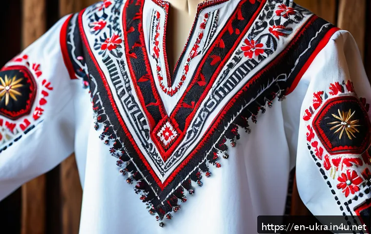 우크라이나 기념품 추천 - A close-up of a traditional Ukrainian vyshyvanka shirt displayed on a wooden mannequin, featuring in...