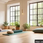 우크라이나 요가와 명상 센터 - A serene mindfulness center interior bathed in soft, warm lighting, featuring natural wooden floors ...