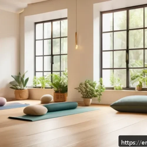 우크라이나 요가와 명상 센터 - A serene mindfulness center interior bathed in soft, warm lighting, featuring natural wooden floors ...