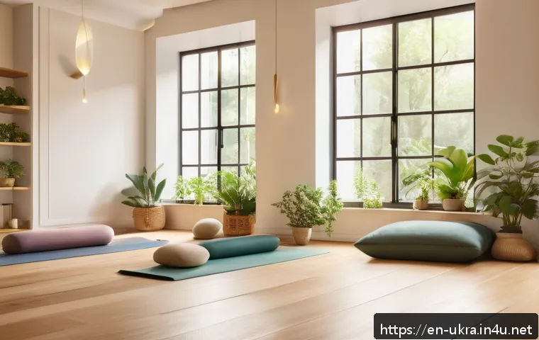 우크라이나 요가와 명상 센터 - A serene mindfulness center interior bathed in soft, warm lighting, featuring natural wooden floors ...