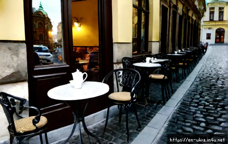 우크라이나에서 가장 오래된 카페 - Photorealistic exterior of one of Ukraine’s oldest historic cafés in central Lviv, elegant 19th-cent...