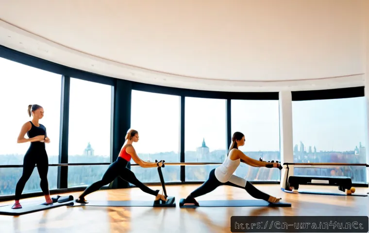 Home 17 우크라이나 필라테스 인기 - Photorealistic wide-angle scene of a bright contemporary Pilates studio in Kyiv, Ukraine, a diverse ...