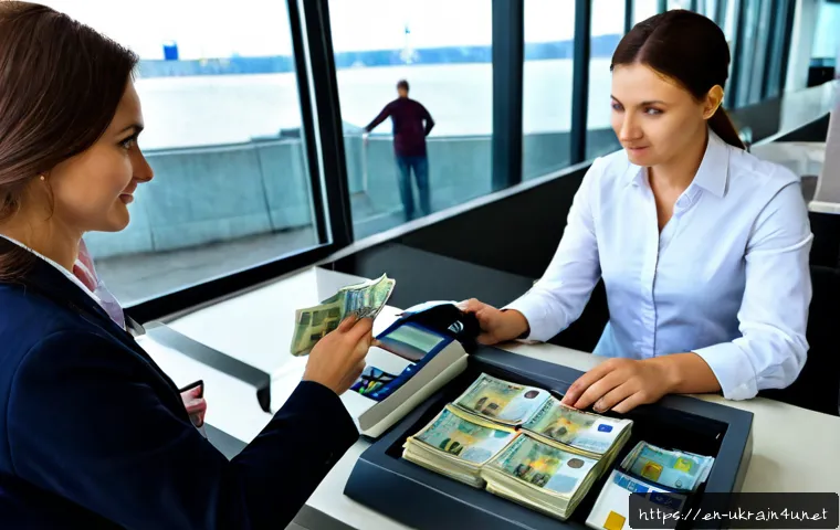 Home 17 우크라이나 환전 방법 - Photorealistic travel currency exchange scene in Kyiv, Ukraine, a middle-aged traveler at a clean ba...